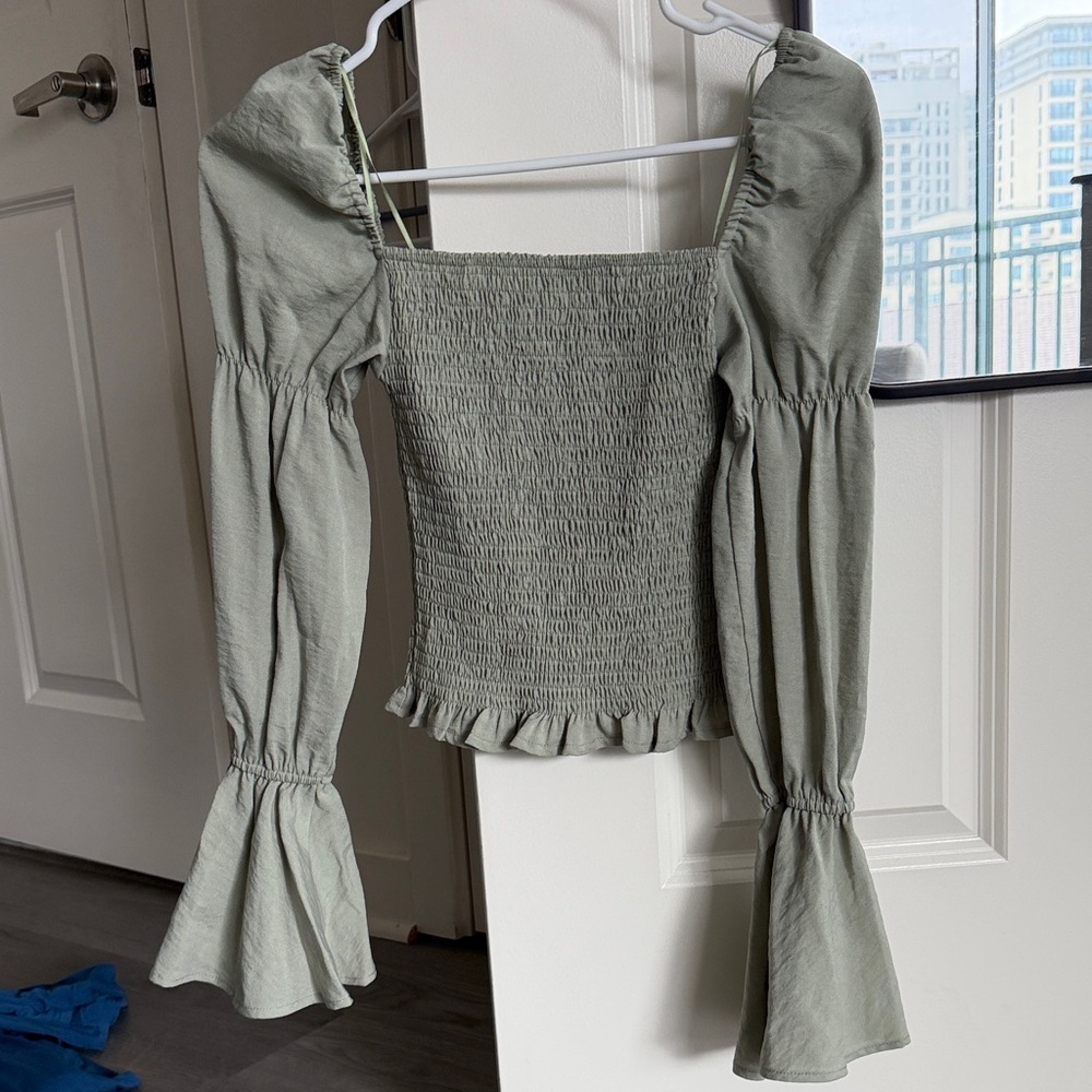 Sage Puff-Sleeve Smocked Blouse in Light Sage